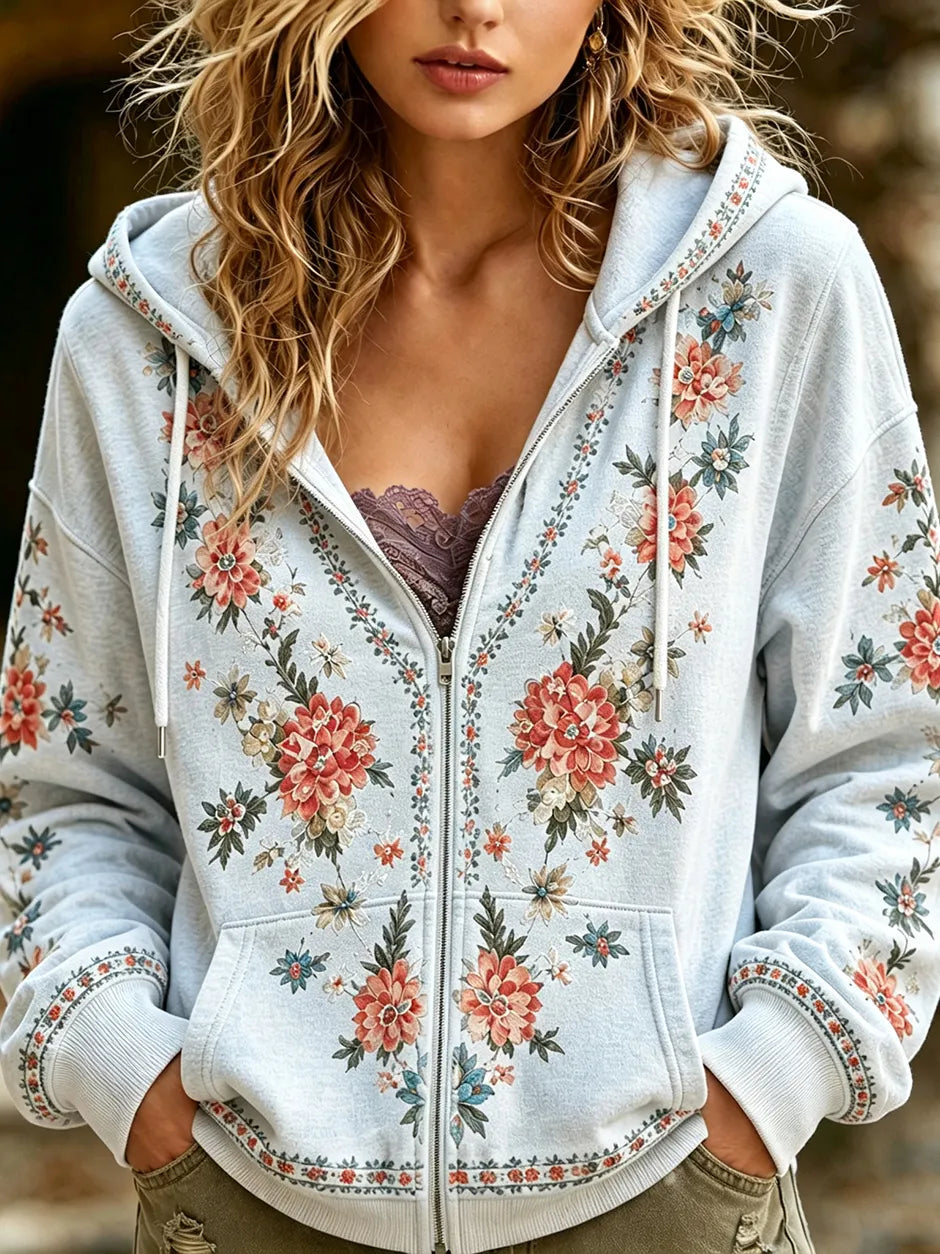 Women's Retro Bohemian Floral Pattern Casual Warm Zip-up Hoodie