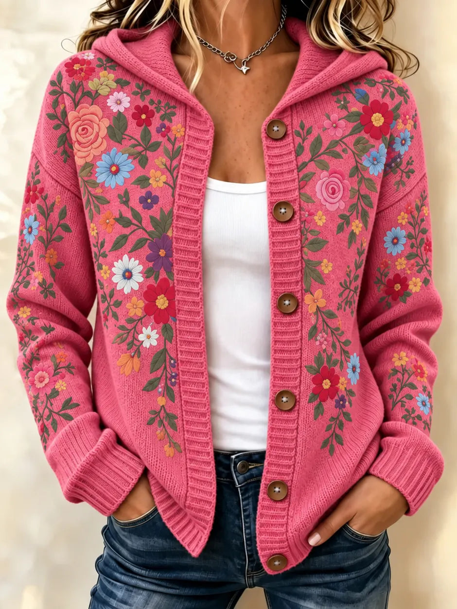 Women's Retro Floral Patterns Cozy Knit Hooded Cardigan