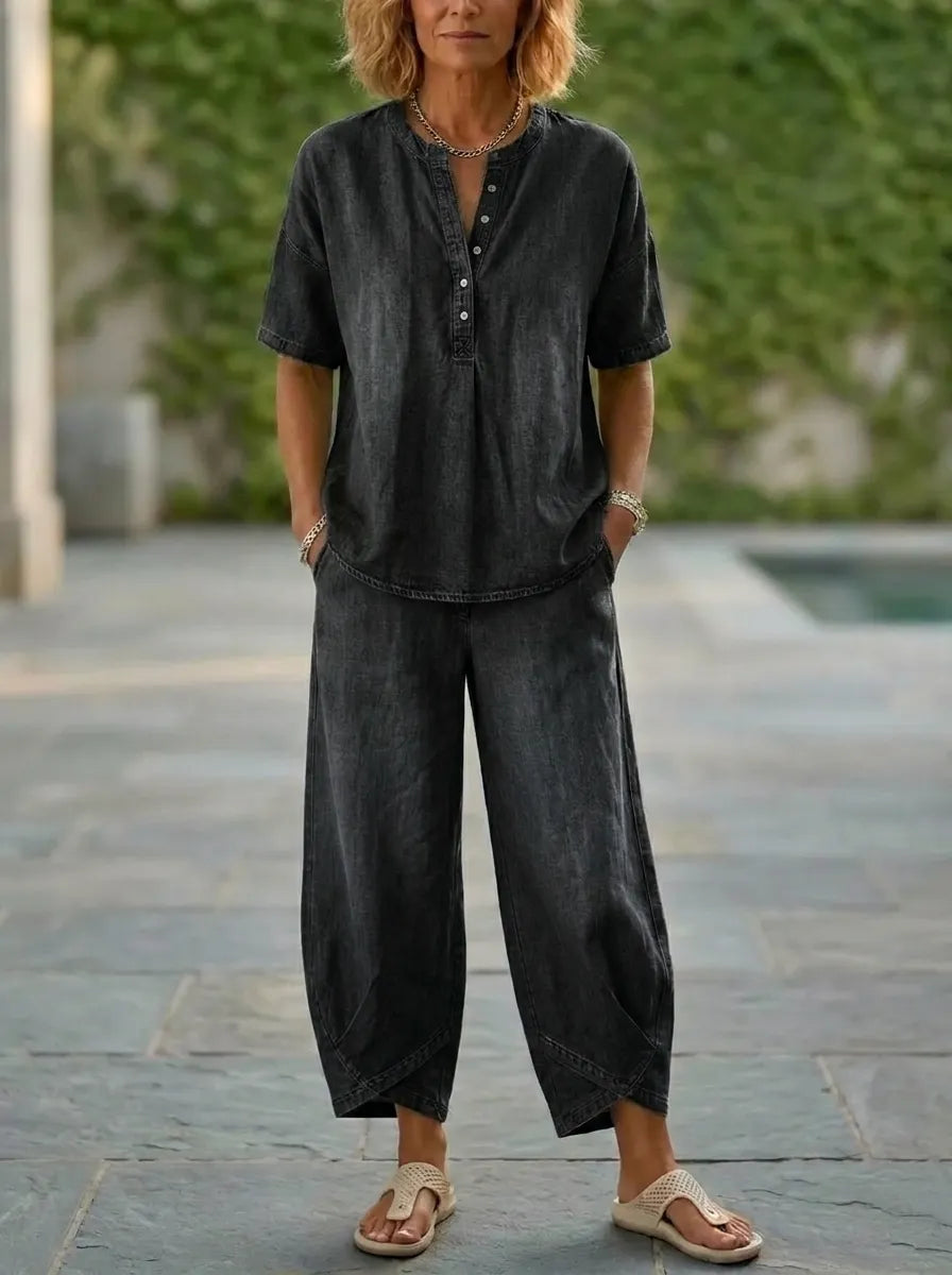 Today 49% off🔥Women’s Denim Henley Top & Wide Leg Pants Set