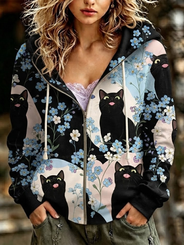 Women's Casual Zipper Hoodie In Black With All-over Black Cat And Blue Forget-me-not Flower Print