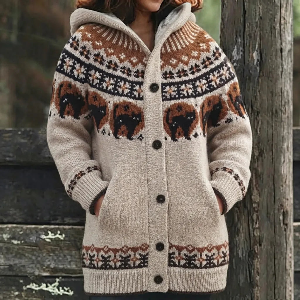 Women's Vintage Nordic Floral And Black Cat Jacquard Knit Cardigan