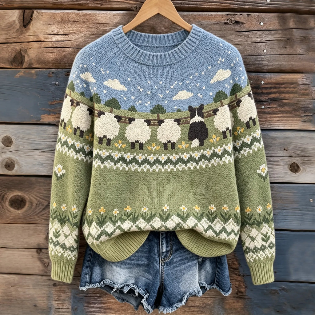 Women's Retro Farm Border Collie With Sheep Patterns Cozy Fair Isle Style Knit Sweater