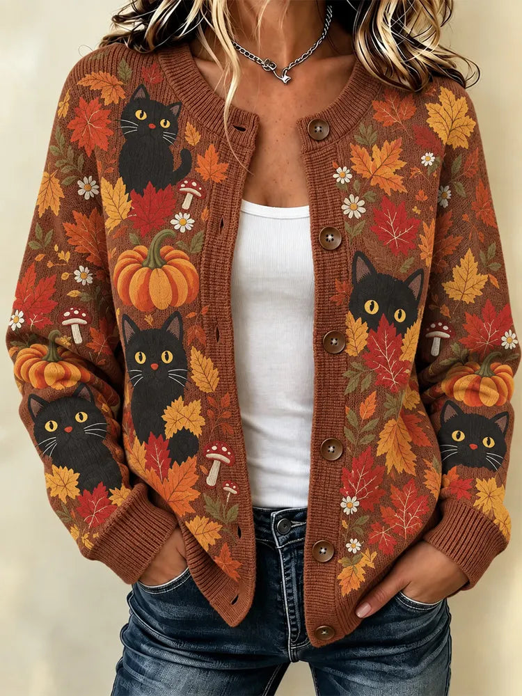 Women's Fall Halloween Pumpkin Cat And Maple Leaf Pattern Sweater Cardigan