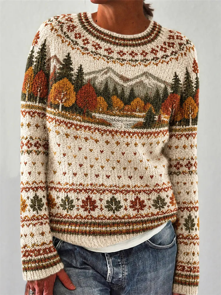 Women's Autumn Landscape Pattern Design Leisure Cozy Knit Sweater