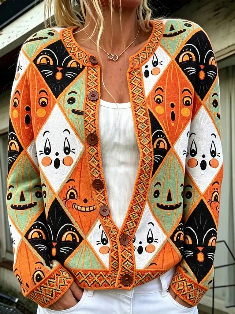 Women's Vintage Halloween Cat & Smiley Face Jacquard Knit Warm Cardigan