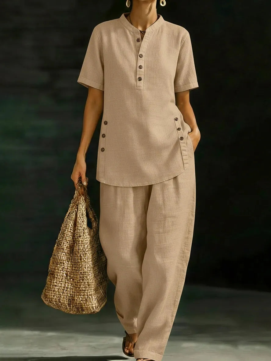 🔥Hot Sale 49% OFF🎁Cozy Casual Button Shirt And Wide-leg Pants Linen Two-piece Set