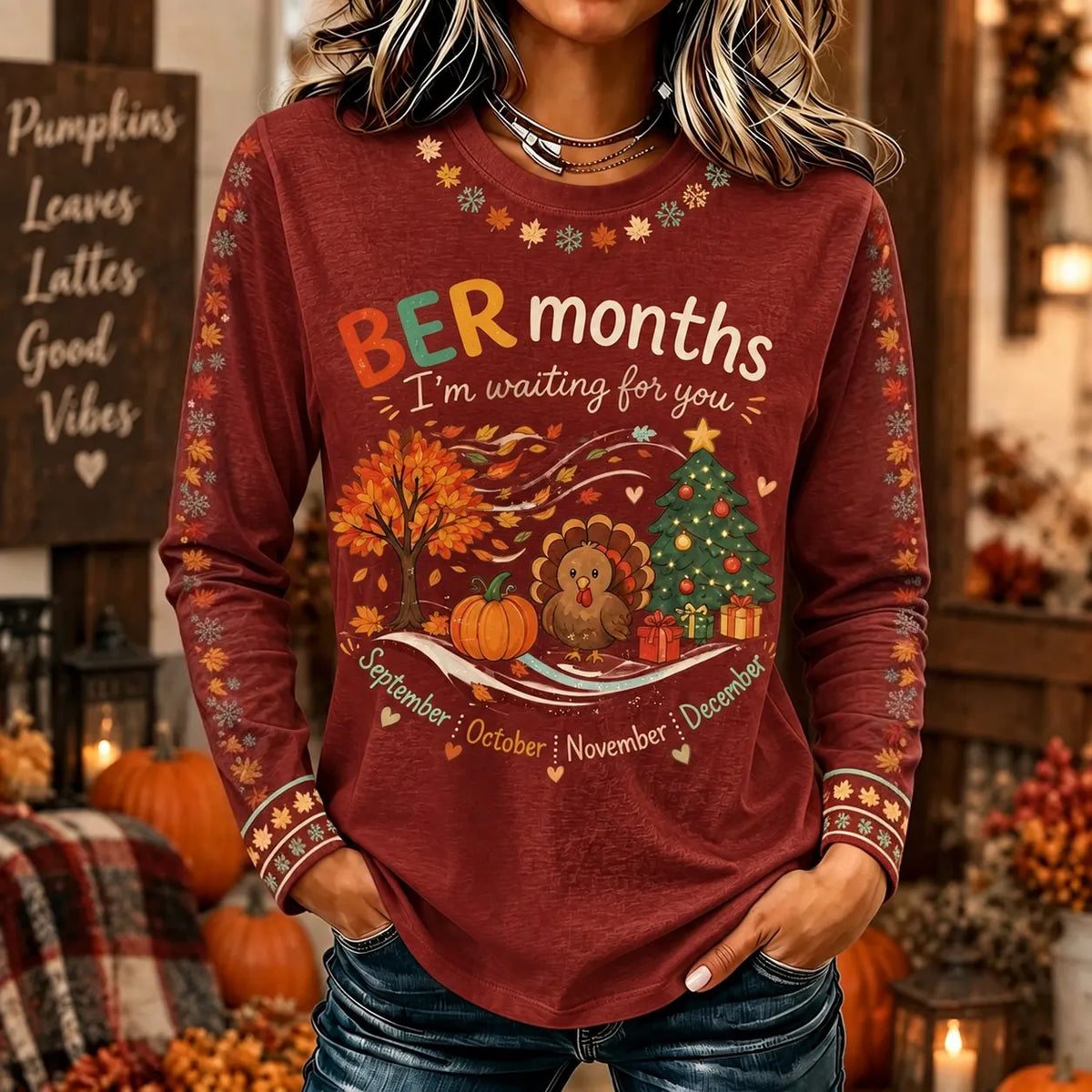 Women's Retro Autumn Casual Round Neck Long Sleeve T-shirt