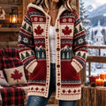 Women's Vintage Maple Leaf Pattern Print Knit Hooded Cardigan