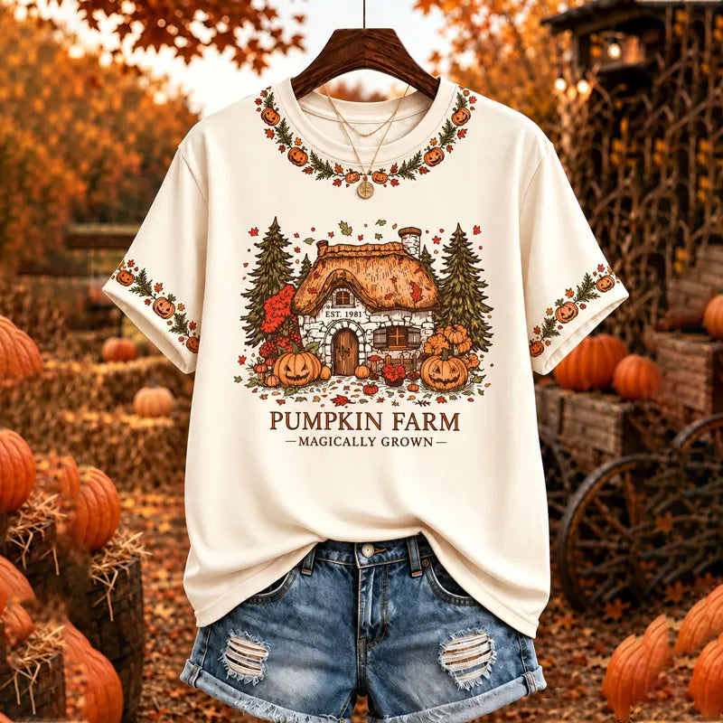 Pumpkin Farm Themed Pattern Print Short-sleeve Top
