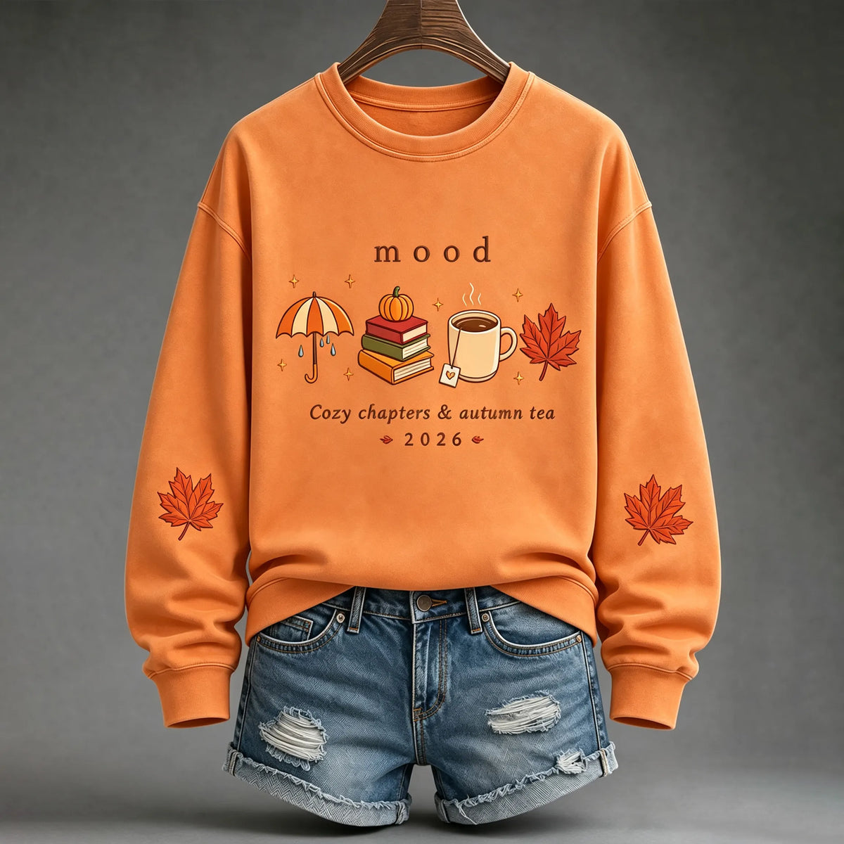 Women's Vintage Cozy Chapters & Autumn Tea Print Crew Neck Sweatshirt