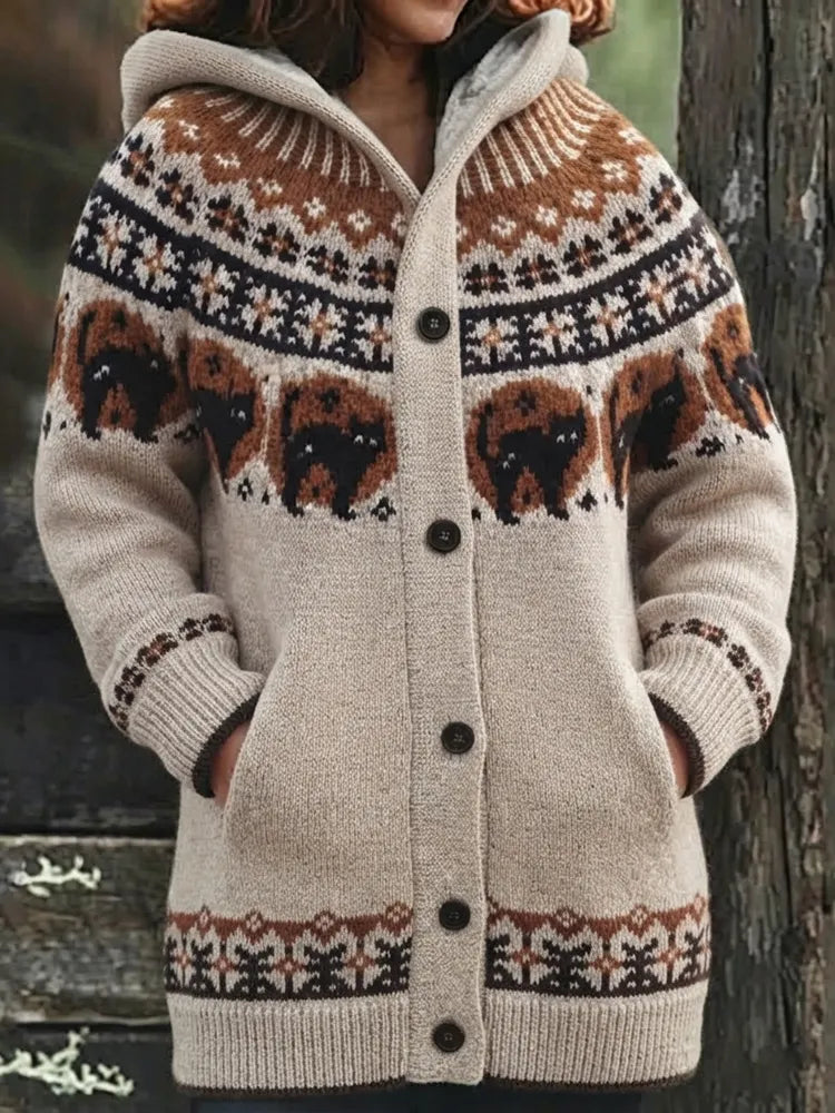 Women's Vintage Nordic Floral And Black Cat Jacquard Knit Cardigan