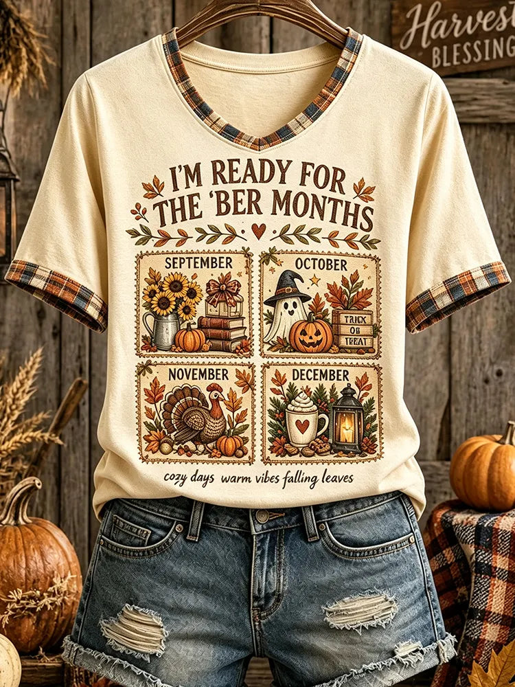 Women's Retro Vacation Autumn Plaid Letter Painting V-neck Short Sleeve T-shirt