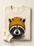 Women's Autumn Crew-Neck Sweatshirt with Cross and Raccoon Graphic