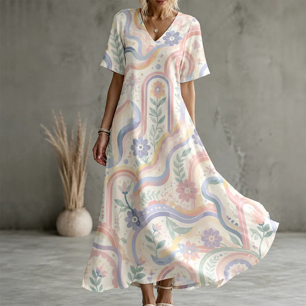 Women's Spring Floral Butterfly Print Pocket Midi Dress