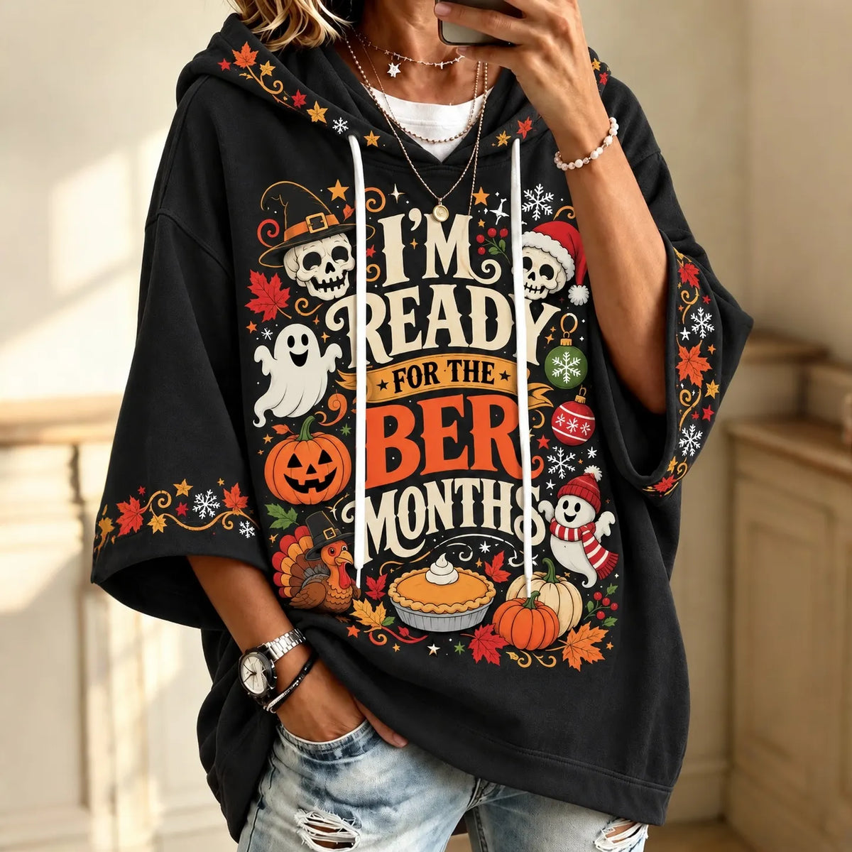 Women's Vintage I'm Ready For The 'ber Months Print Half Sleeve Casual Hoodie