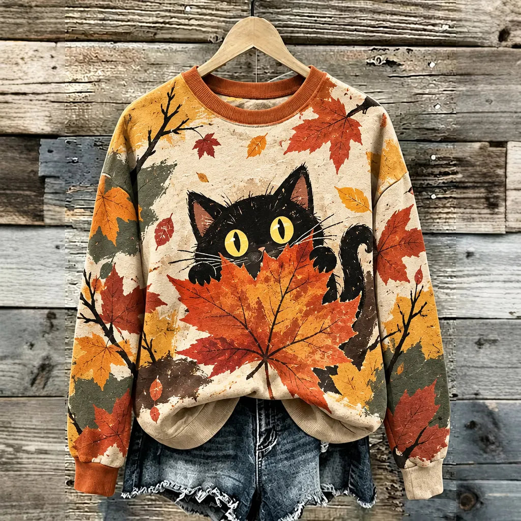 Women's Maple Leaf Black Cat Print Crew Neck Sweatshirt