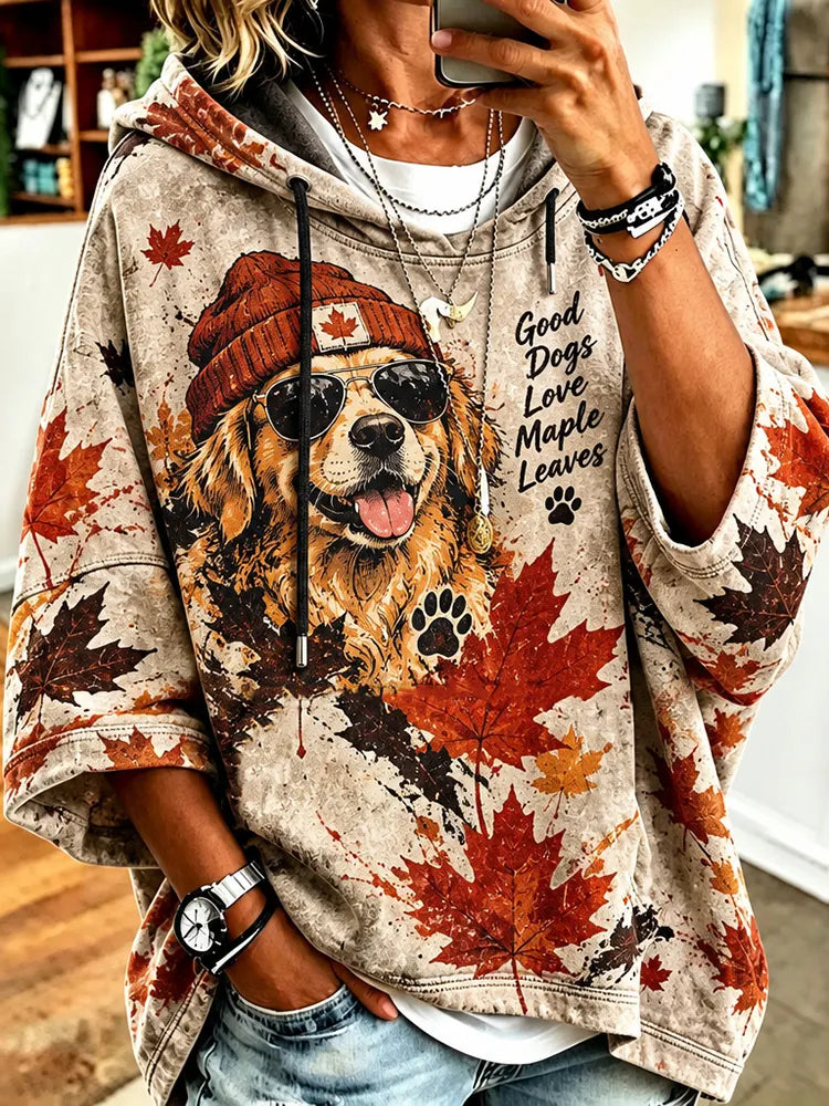 Women's Thanksgiving Retro Dog Maple Leaf Autumn Print Hoodie