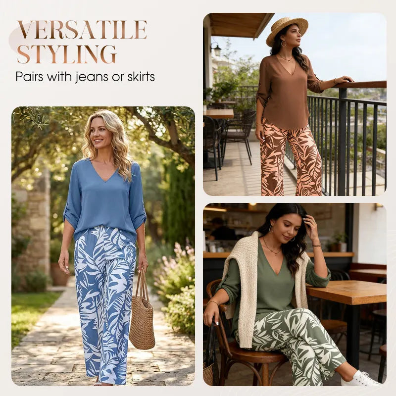 🔥LAST DAY 49% OFF - Women's V-Neck Blouse & Printed Wide-Leg Pants Set