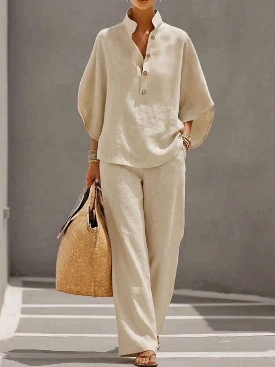 🔥 49% OFF🔥Women's Batwing Sleeve Linen Cotton Two-Piece Set – Casual Shirt & Wide Leg Pants Outfit - Khaki / S / Only 8 In Stock🚨Sale ends in 2 days⚡