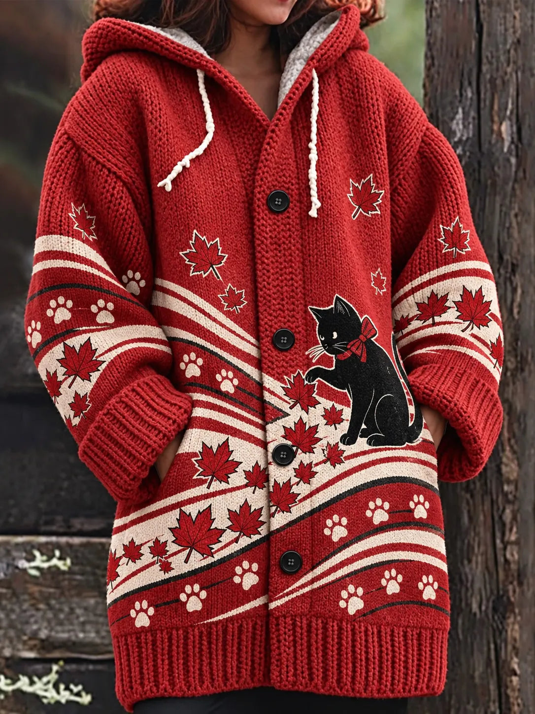 Women's Cute Cat And Maple Leaf Jacquard Knit Hooded Cardigan