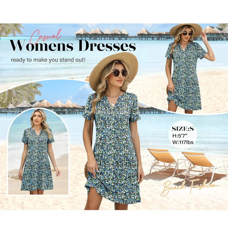 Summer Dress Dresses for Women 2026 Casual Summer V Neck Wedding Guest Dress Short Sleeve Fashion Beach Vacation Clothes