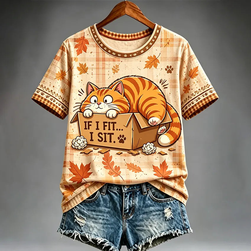 Women's Autumn Cute Cat Print Short-sleeve Crew-neck T-shirt
