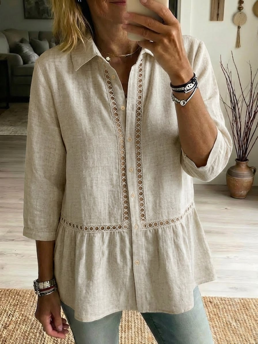 Casual Patchwork Openwork Webbing Linen And Cotton Shirt(Buy 2 Free Shipping)