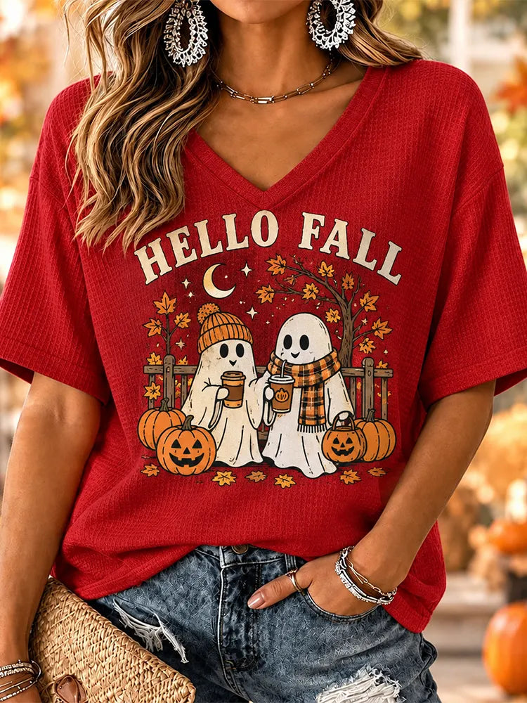 Women's Hello Fall Cute Ghost V-neck T-shirt