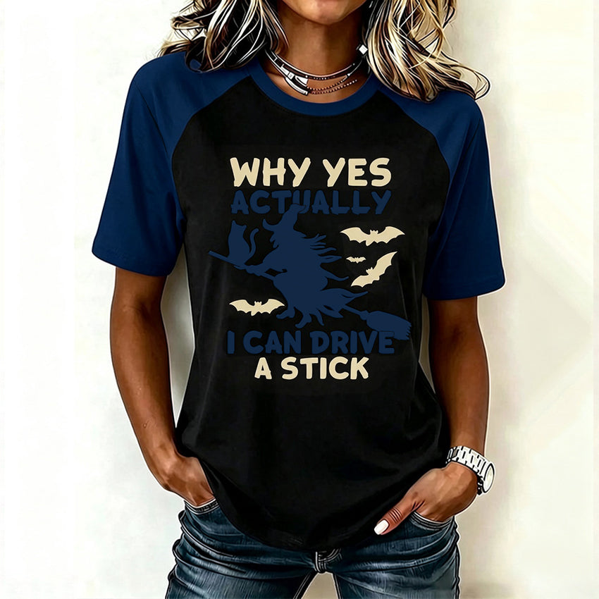 Women's Retro Halloween Theme Pattern I Can Drive A Stick Print Short-sleeve T-shirt