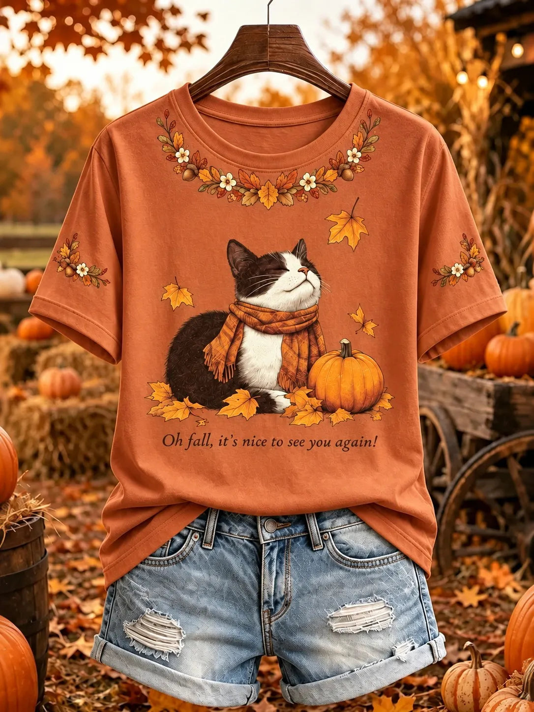 Women's Vintage Fall Cute Cat Print Crew Neck Short Sleeve T-shirt