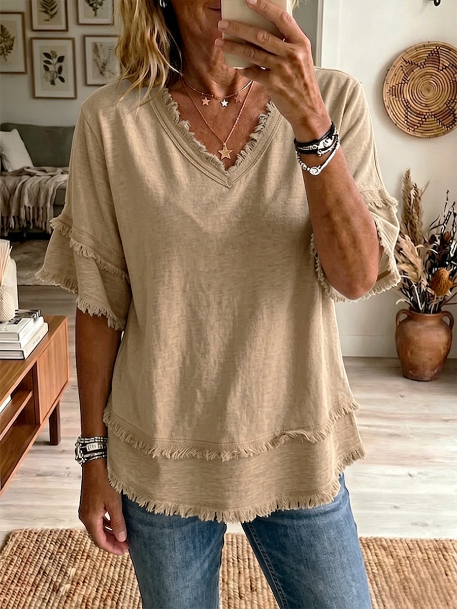 Vintage Frayed V-Neck Linen Top