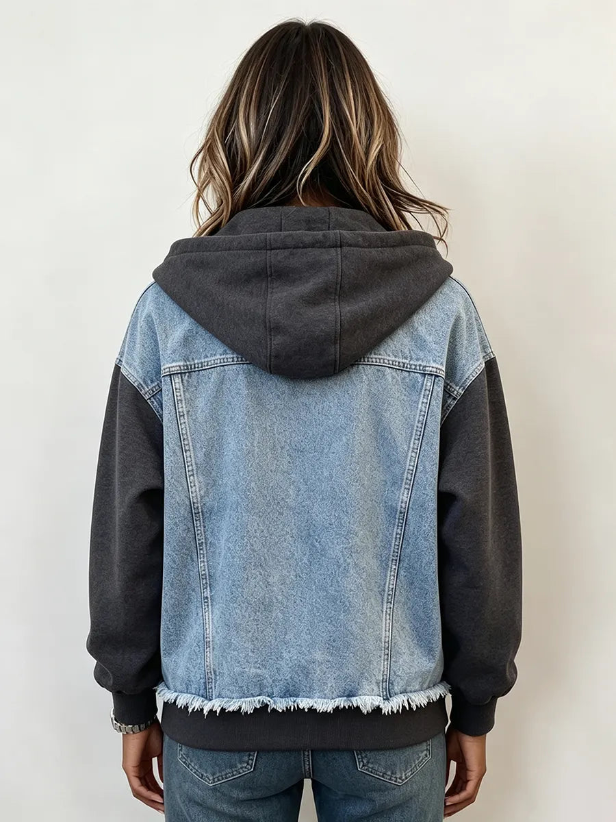 Casual Denim Patchwork Hooded Jacket