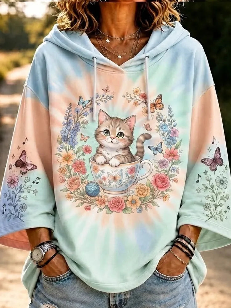 Women's Casual Tie-dye Pullover Hoodie In Pastel With Teacup Kitten, Floral Wreath, And Butterfly Print