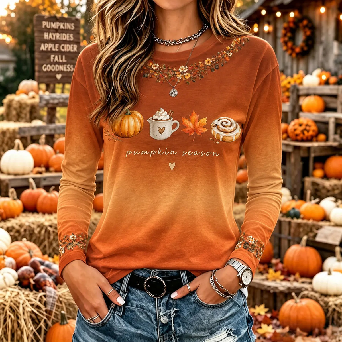 Women's Vintage Halloween Fall Heart In Skeleton Print Crew Neck Long Sleeve T-shirt
