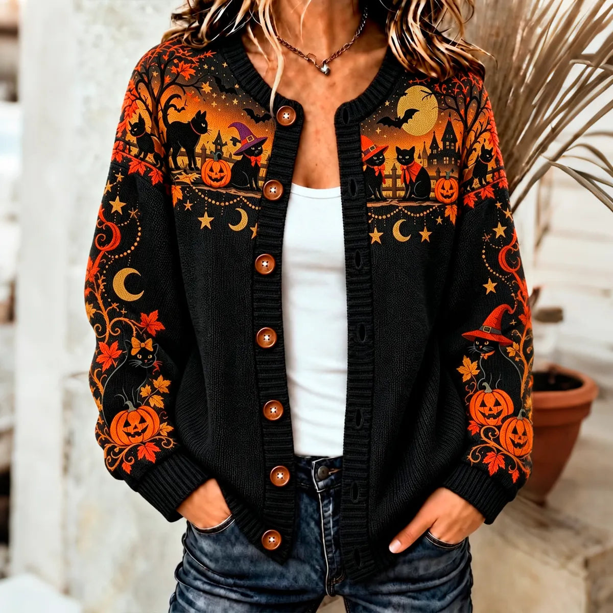 Women's Halloween Black Cat And Pumpkin Art Pattern Knit Cardigan