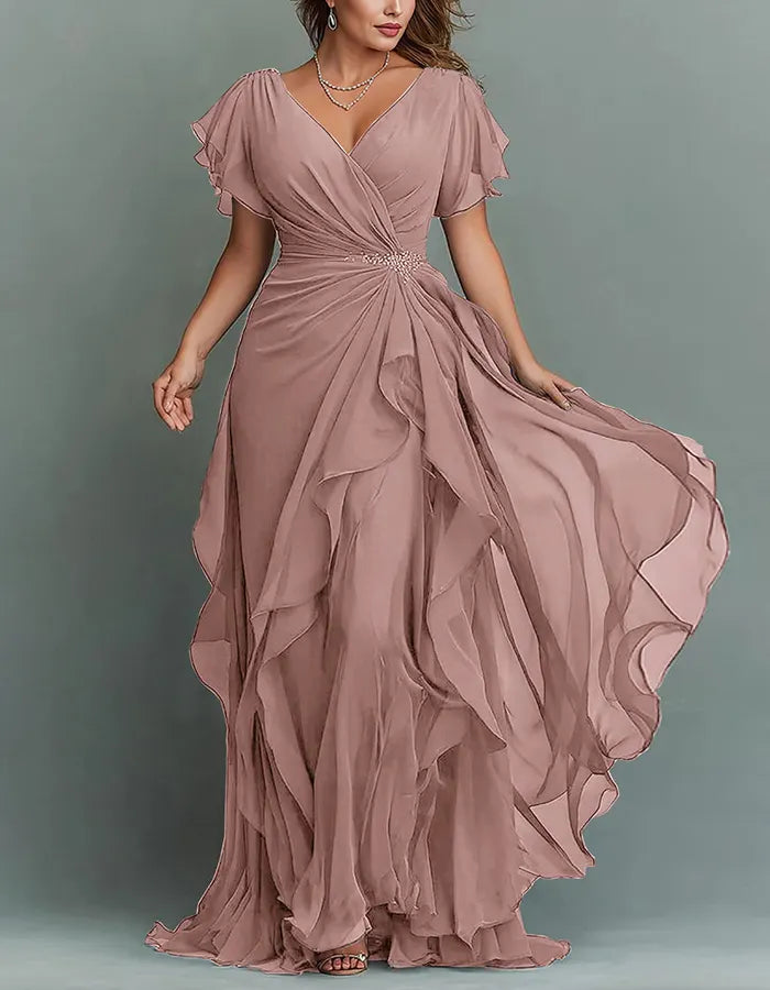 Solid Color V-neck Ruffled Chiffon Maxi Dress
