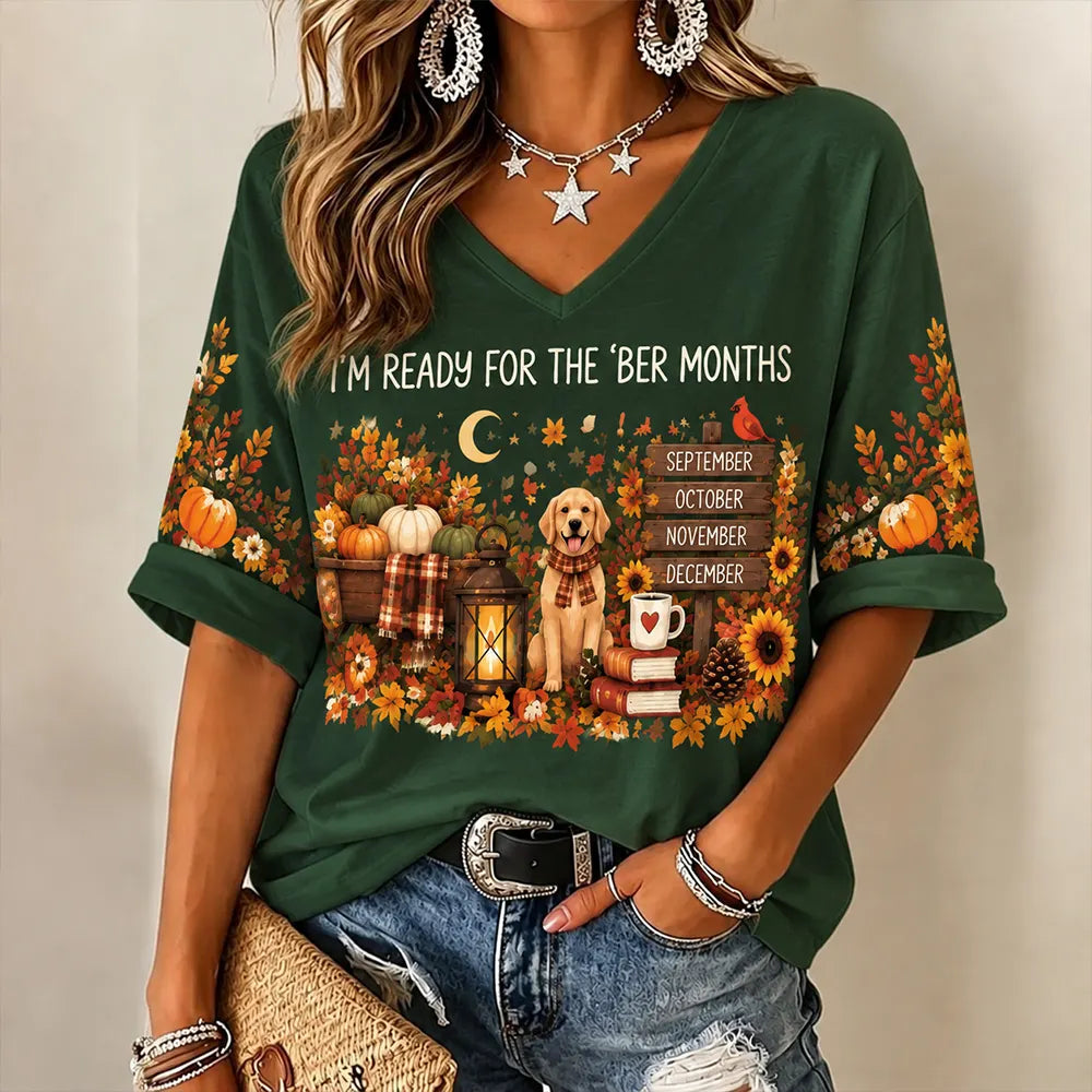 Women's "i'm Ready For The Ber Months" Autumn Puppy V-neck T-shirt