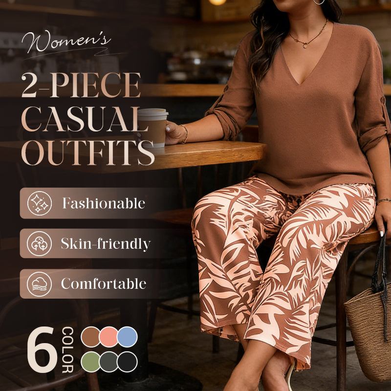 🔥LAST DAY 49% OFF - Women's V-Neck Blouse & Printed Wide-Leg Pants Set