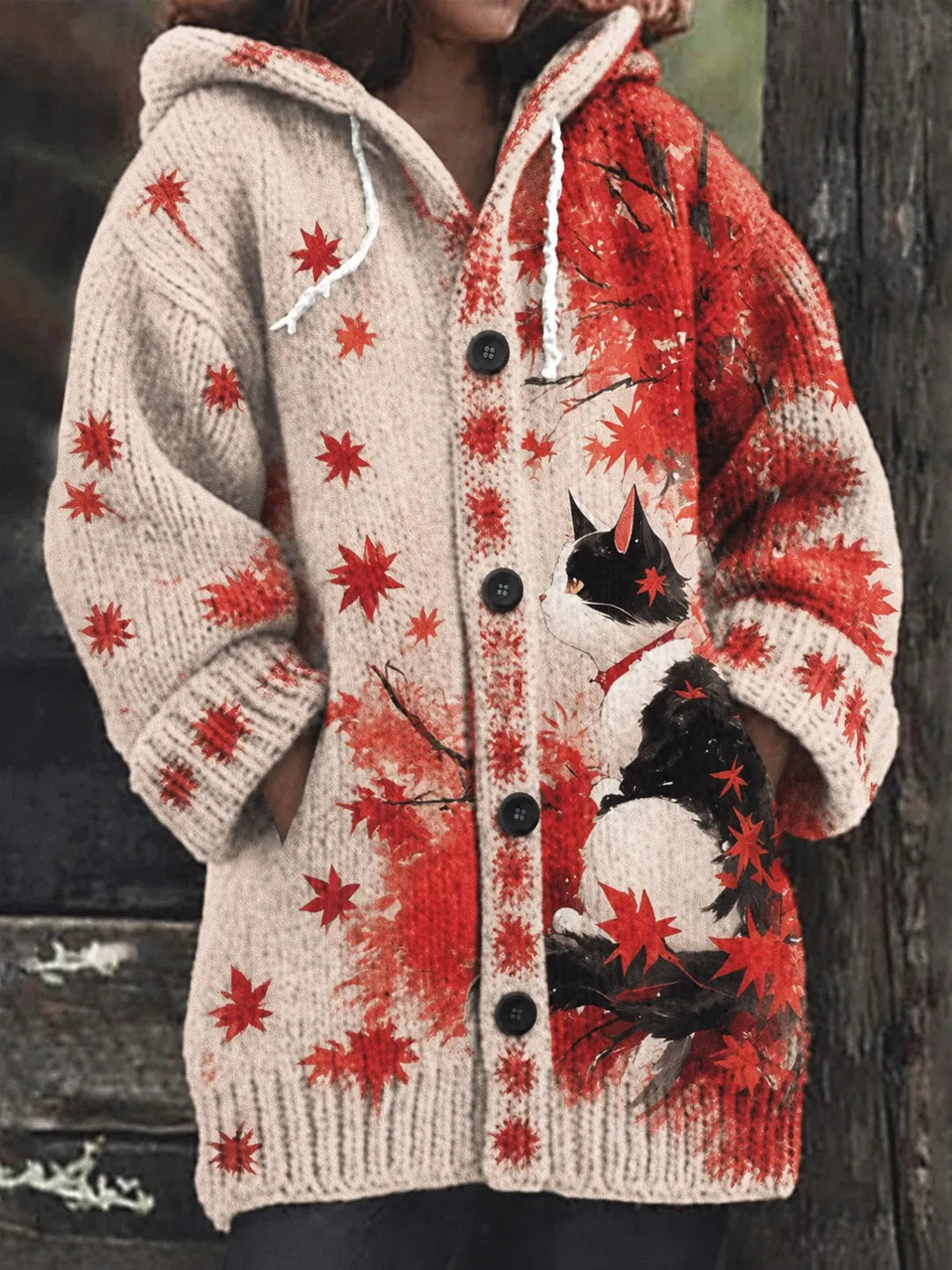 Women's Cute Cat And Maple Leaf Jacquard Knit Hooded Cardigan