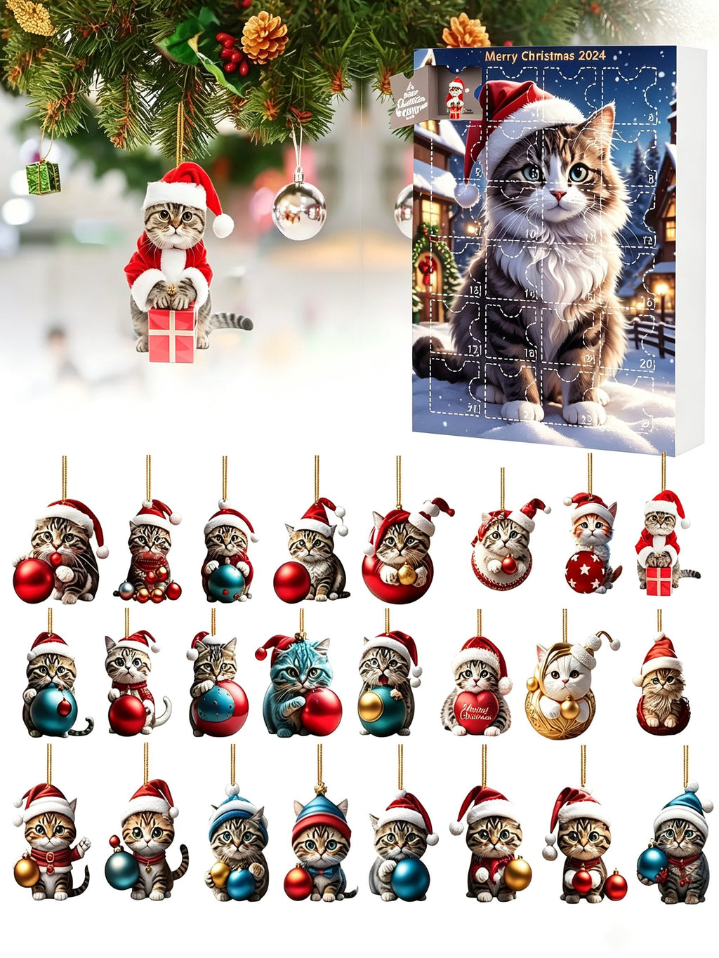 2026 Cats Advent Calendar, Advent Calendar 2026, Countdown for Cats Christmas 24 Days Christmas Advent Calendar with Hanging Decoration for Cats in 2D Acrylic(2D Acrylic Flat)