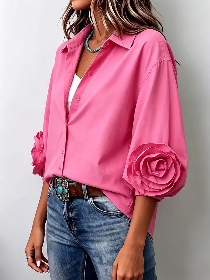 Chic Casual 3d Rose Flower Pink Shirt