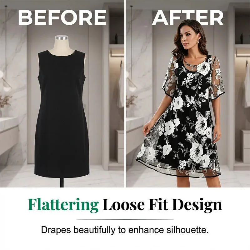 ✨ Women's A-Line Floral Dress — Double-Layer Chiffon, Elegant Print, Knee-Length Cut 👗