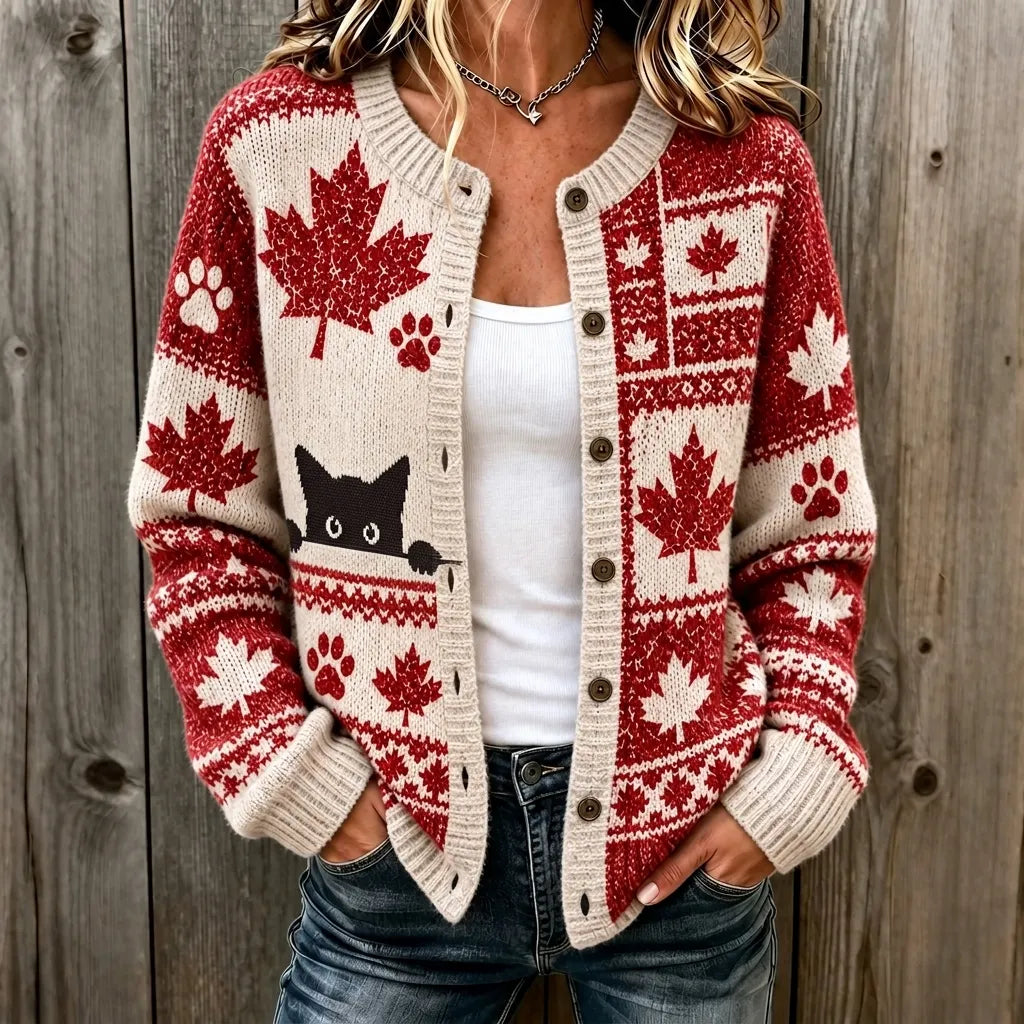 Women's Cute Cat And Maple Leaf Jacquard Knit Cardigan