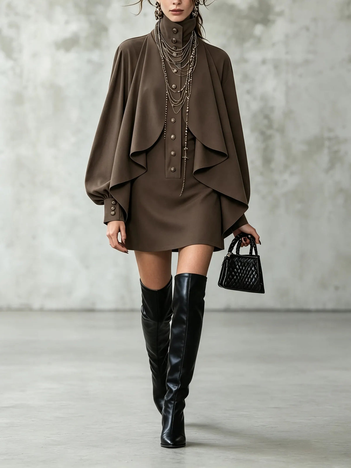 Elegant Stand-up Collar Cape Mini Dress