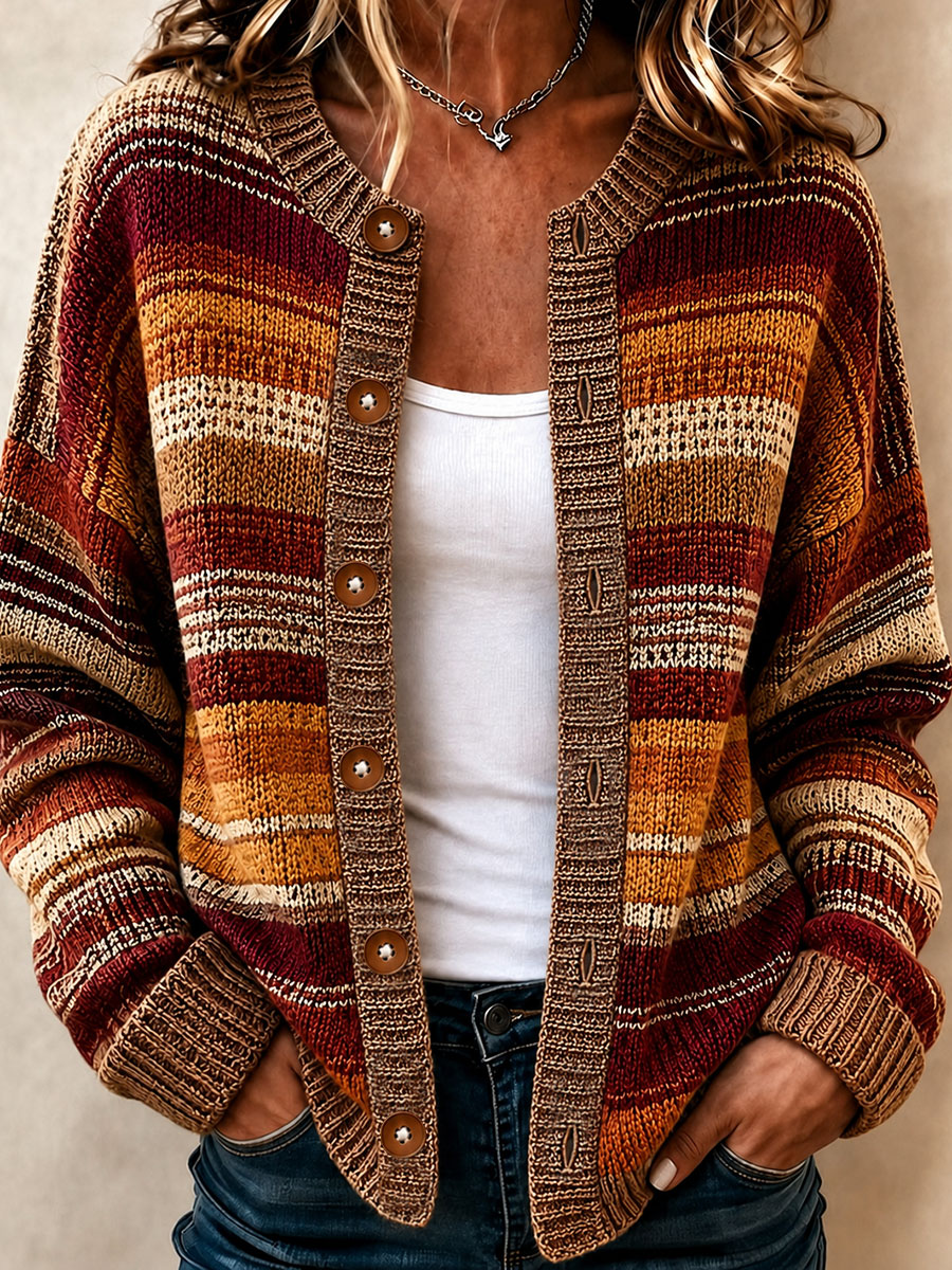 Women's Bohemian Retro Striped Art Print Knit Button Cardigan