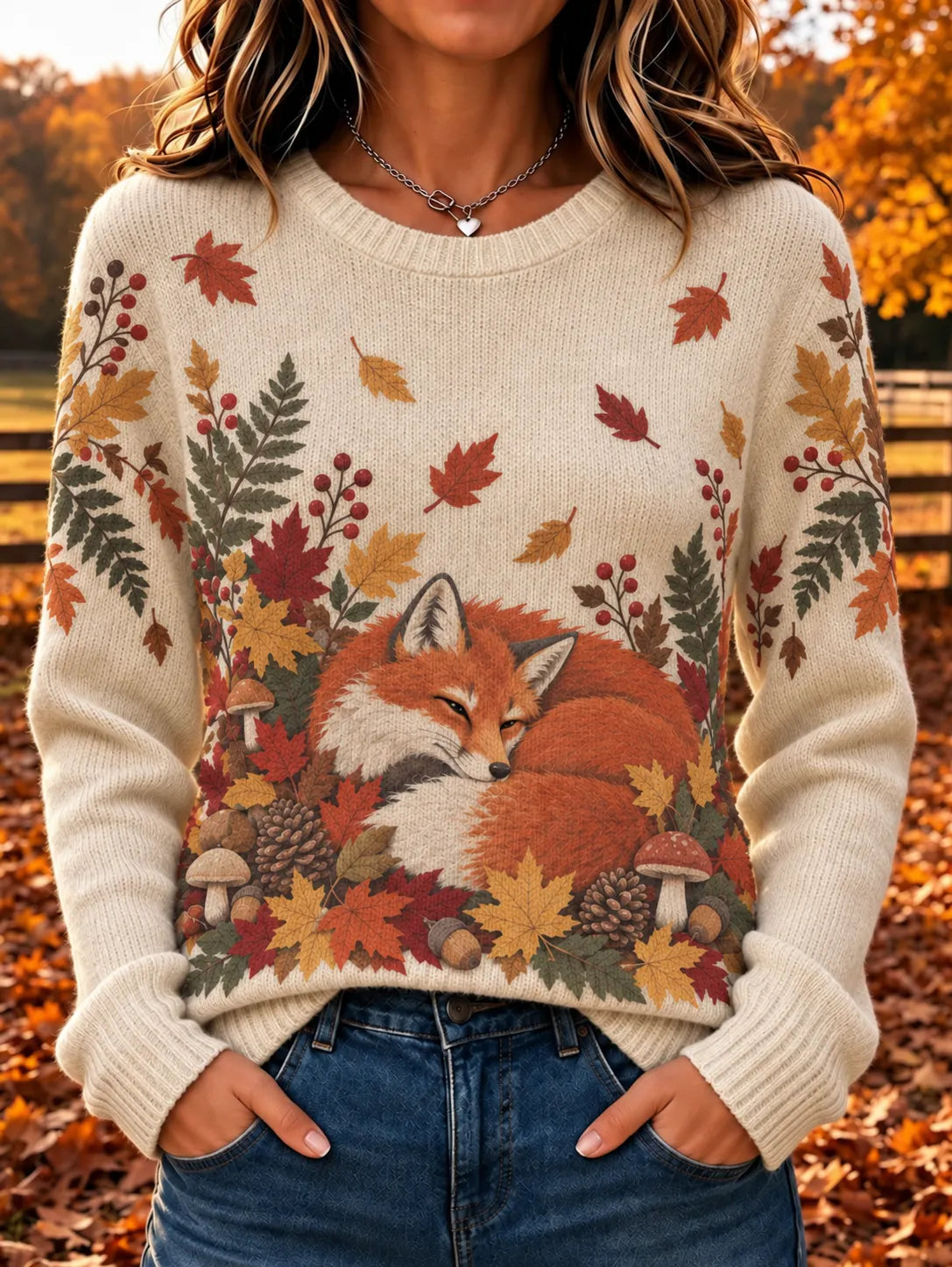 Women's Autumn Embraces The Fox Print Crew Neck Long-sleeve Knit Sweatshirt