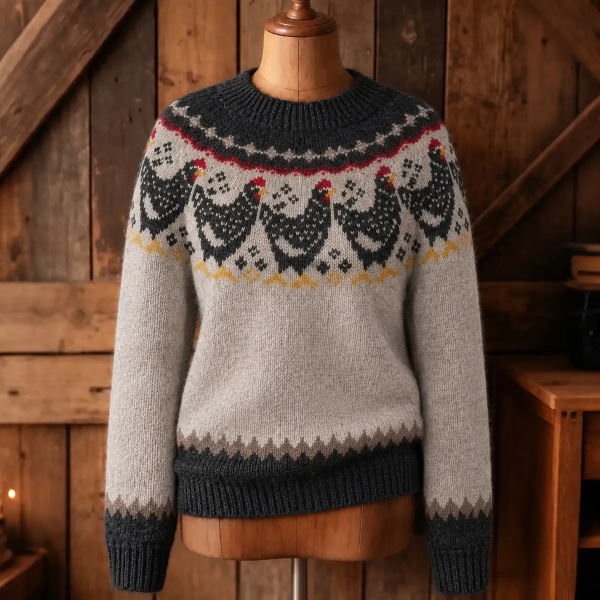 Women's Retro Rustic Chicken Print Cozy Fair Isle Style Knit Sweater