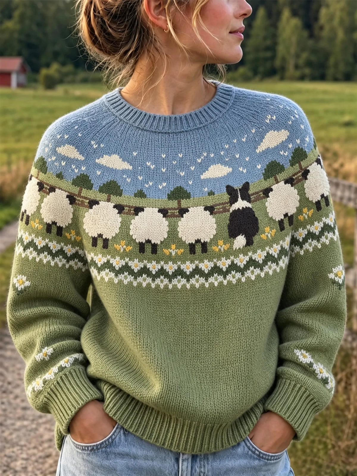 Women's Retro Farm Border Collie With Sheep Patterns Cozy Fair Isle Style Knit Sweater