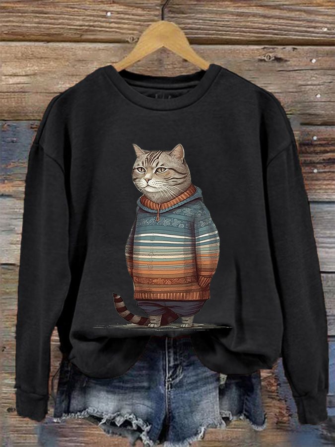 Women's Winter Cat Print Crew Neck Sweatshirt