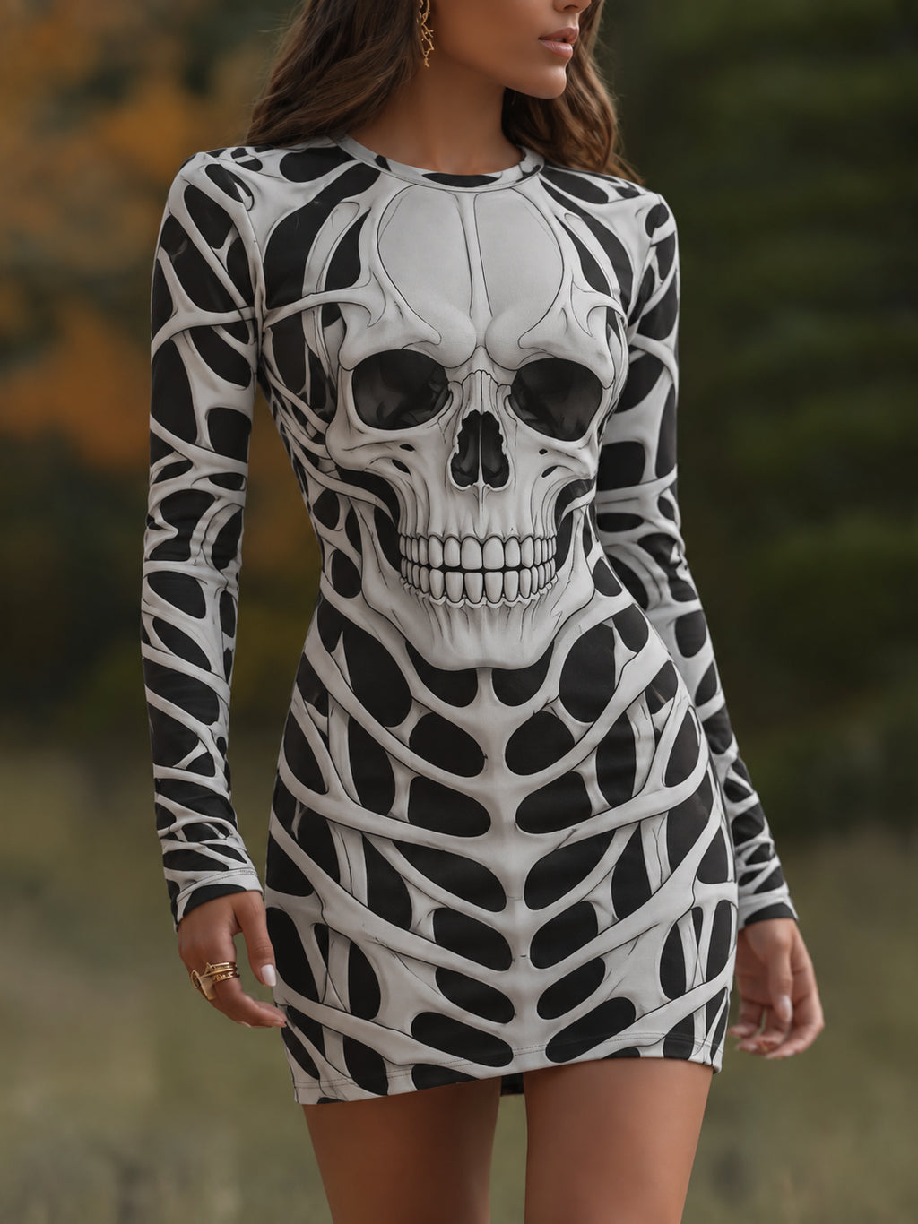 Women's Vintage Halloween Fall Skull Face Art Comfy Mini Bodycon Dress